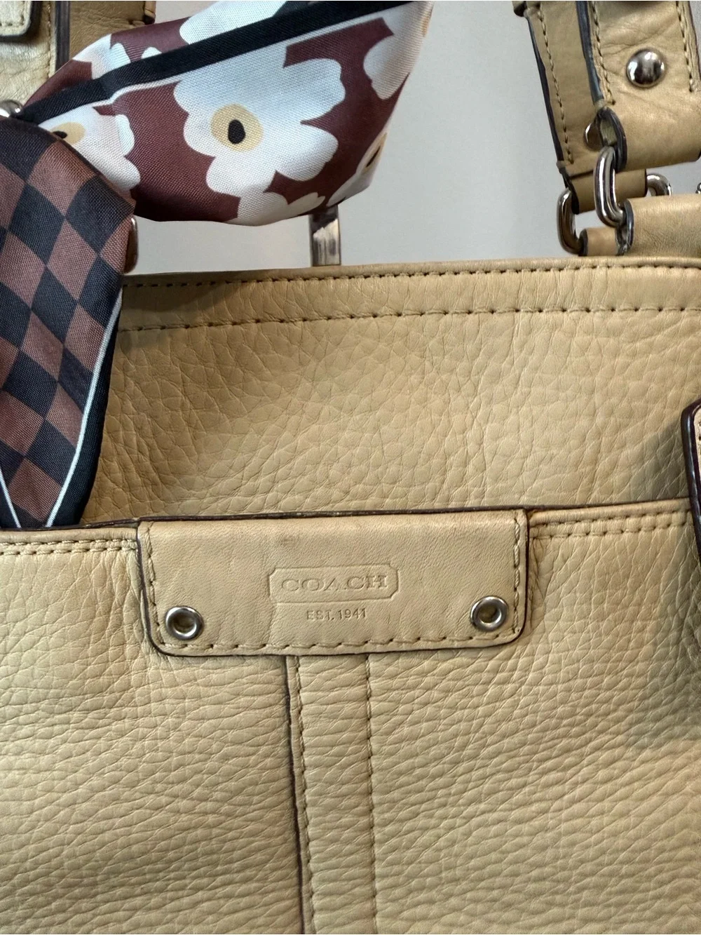 Coach Hamilton F13089 Pebbled Leather Tote Bag Beige Cream Zip Shoulder Tote